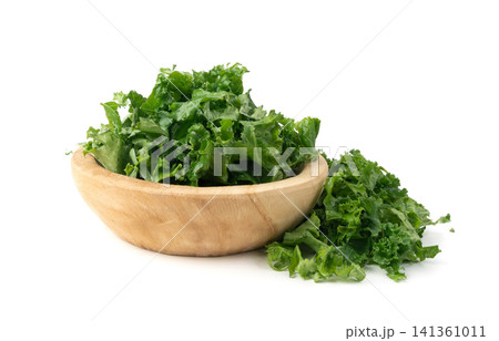 Pieces of kale cabbage leaves isolated. Green leaf of curly cabbage cooked for fresh salad Pieces of kale cabbage leaves isolated. Green leaf of curly cabbage cooked for fresh salad 141361011