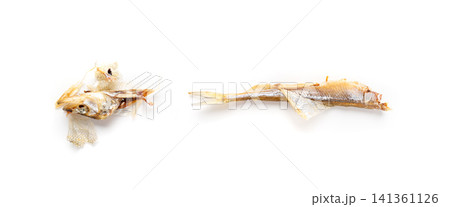 Dry smelt isolated, salted small herring, dried sardina, salted seafood, beer snacks stockfish 141361126
