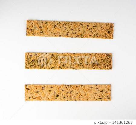 Crunchy gluten free crispbread with various seeds top view 141361263