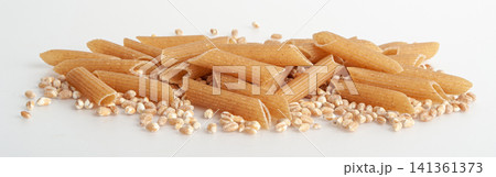 Raw Brown Pasta, Wholegrain Penne, Dry Whole Grain Noodle, Raw Spelt Macaroni, Healthy Italy Food 141361373