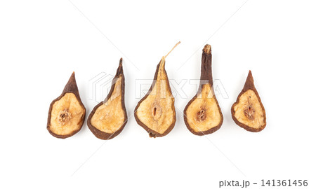 Dry pear slices isolated, dried apple chips, healthy fruit snack 141361456