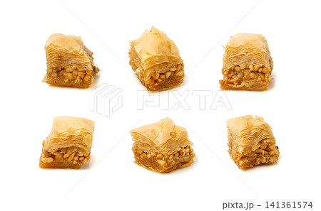 Baklava Isolated, Small Ramadan Dessert, Eastern Sweet Filo Pastries, Turkish Honey Baklawa, Oriental Desert Baklava Isolated, Small Ramadan Dessert, Eastern Sweet Filo Pastries, Turkish Honey Baklawa, Oriental Desert 141361574