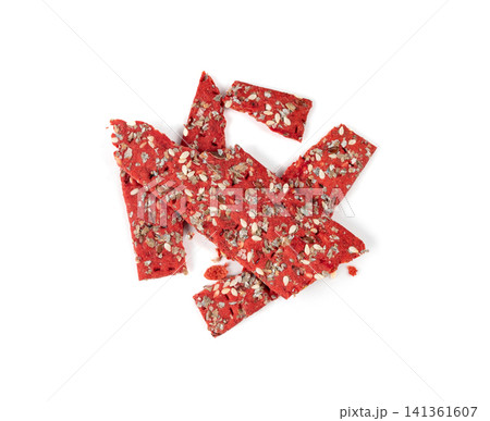 Beetroot crackers, thin rusk beet root bread, red diet multigrain crispbread, various seeds Beetroot crackers, thin rusk beet root bread, red diet multigrain crispbread, various seeds 141361607