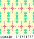 Pastel Seamless Geometric Pattern with Pink Flowers and Teal Abstract Shapes on Pale Yellow Background 141361787
