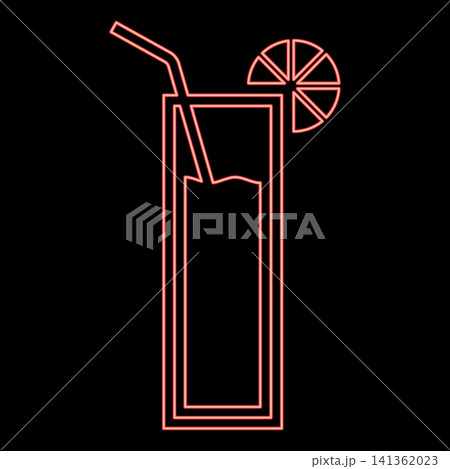 Neon cocktail with straw and limon in glass alcoholic beverage concept leisure lime drink Mocktail red color vector illustration image flat style 141362023