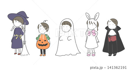 ハロウィンの仮装をした五人の子供たちのセットイラスト ハロウィンの仮装をした五人の子供たちのセットイラスト 141362191