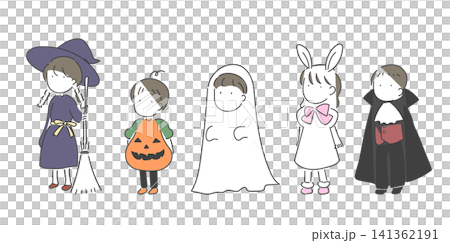 ハロウィンの仮装をした五人の子供たちのセットイラスト ハロウィンの仮装をした五人の子供たちのセットイラスト 141362191