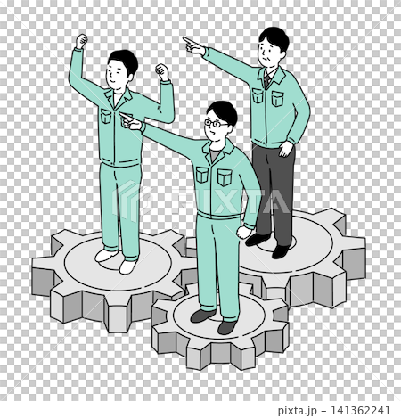 一幅齒輪嚙合的插圖,以及一群男工合作工作的場景。 一幅齒輪嚙合的插圖,以及一群男工合作工作的場景。 141362241