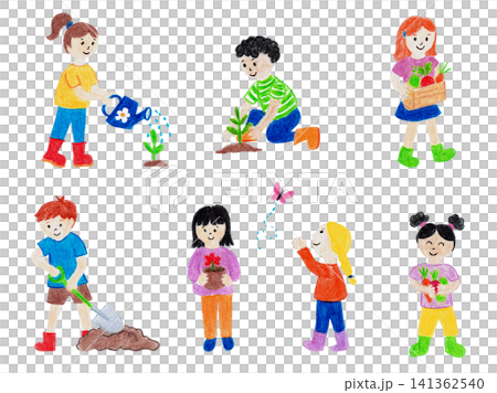 ガーデニングを楽しむ子どもたちの手描きイラストセット ガーデニングを楽しむ子どもたちの手描きイラストセット 141362540
