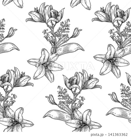 Lily engraved style vector pattern. Seamless background with hand drawn graphic sketch of flower. Monochrome botanical repeat of white lily for textile, wallpaper and paper. Black and white floral art Lily engraved style vector pattern. Seamless background with hand drawn graphic sketch of flower. Monochrome botanical repeat of white lily for textile, wallpaper and paper. Black and white floral art 141363362