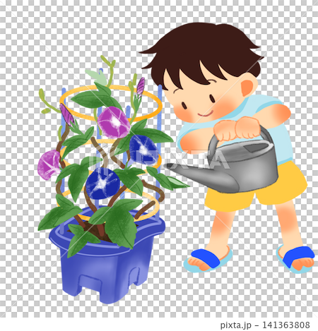 男孩給牽牛花澆水的插圖。 男孩給牽牛花澆水的插圖。 141363808