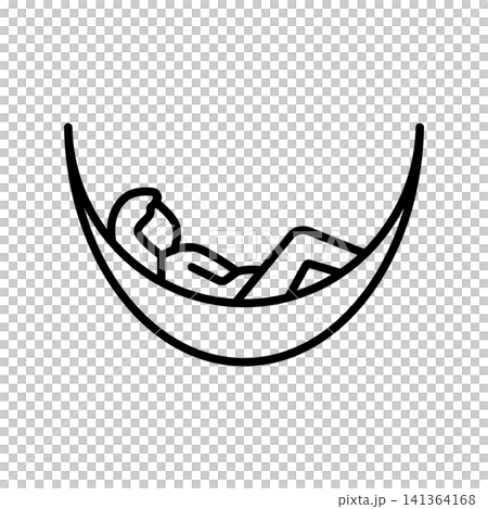 An outline icon showing a person lounging peacefully on a suspended hammock. Illustrates leisure time, taking a break, self-care, vacations, mental unplugging, and optimal relaxation. An outline icon showing a person lounging peacefully on a suspended hammock. Illustrates leisure time, taking a break, self-care, vacations, mental unplugging, and optimal relaxation. 141364168