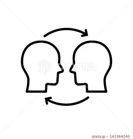 An outline icon displaying two face profiles facing one another, bridged by circular arrows representing a cycle of dialogue. Denotes conflict resolution, active listening, negotiation, effective feed An outline icon displaying two face profiles facing one another, bridged by circular arrows representing a cycle of dialogue. Denotes conflict resolution, active listening, negotiation, effective feed 141364240