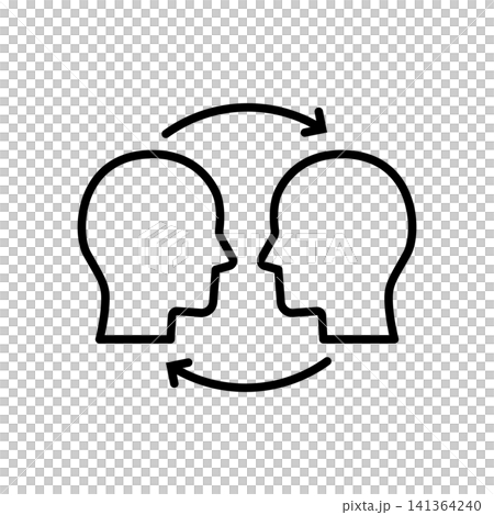 An outline icon displaying two face profiles facing one another, bridged by circular arrows representing a cycle of dialogue. Denotes conflict resolution, active listening, negotiation, effective feed An outline icon displaying two face profiles facing one another, bridged by circular arrows representing a cycle of dialogue. Denotes conflict resolution, active listening, negotiation, effective feed 141364240