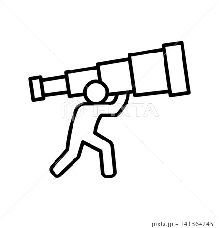 A dynamic line icon depicting a stylized human figure looking out through a telescope pointed forward and up. Represents long-term vision, goal setting, life planning, hope for the future, optimism, a A dynamic line icon depicting a stylized human figure looking out through a telescope pointed forward and up. Represents long-term vision, goal setting, life planning, hope for the future, optimism, a 141364245