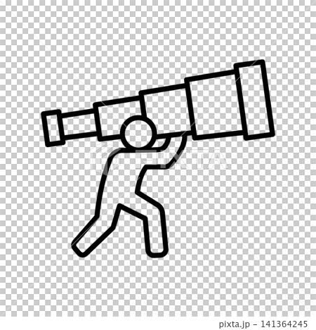 A dynamic line icon depicting a stylized human figure looking out through a telescope pointed forward and up. Represents long-term vision, goal setting, life planning, hope for the future, optimism, a A dynamic line icon depicting a stylized human figure looking out through a telescope pointed forward and up. Represents long-term vision, goal setting, life planning, hope for the future, optimism, a 141364245