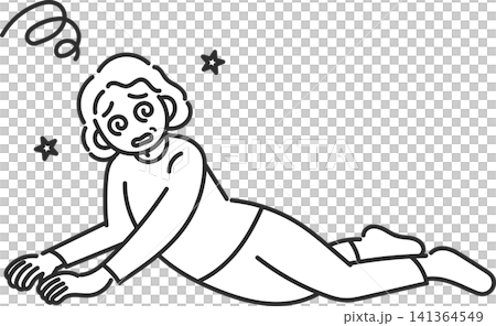An illustration of an elderly woman collapsing due to dizziness (line drawing only). An illustration of an elderly woman collapsing due to dizziness (line drawing only). 141364549