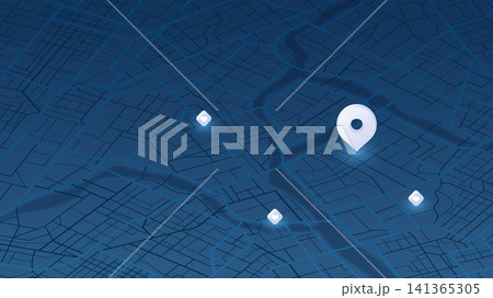 Dark blue map interface with large white location pin and glowing markers on street grid background Dark blue map interface with large white location pin and glowing markers on street grid background 141365305