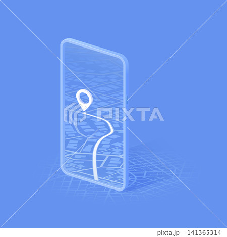 Online mobile application includes smartphone, road on the screen. Location with GPS map. Vector illustration with city map background Online mobile application includes smartphone, road on the screen. Location with GPS map. Vector illustration with city map background 141365314