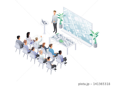 Isometric meeting presentation of building house. Team planning project and making presentation at meeting. House Layout. Male and female characters sitting. Vector illustration on white background 141365318
