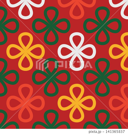 Collection of vibrant seamless linear patterns with clover shapes on a festive Christmas background. Playful designs for holiday fashion, textiles, home decor, and print 141365837