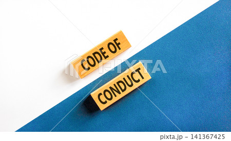 Code of conduct words symbol. Concept words Code of conduct on beautiful wooden blocks. Beautiful blue white background. Business Code of conduct concept. Copy space. Code of conduct words symbol. Concept words Code of conduct on beautiful wooden blocks. Beautiful blue white background. Business Code of conduct concept. Copy space. 141367425