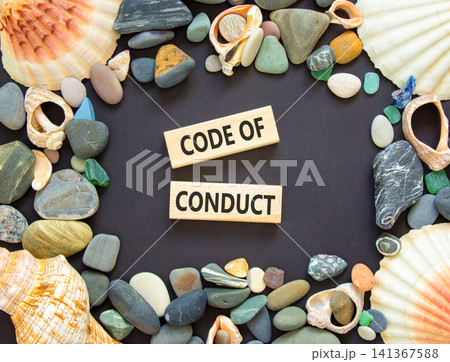 Code of conduct words symbol. Concept words Code of conduct on beautiful wooden blocks. Beautiful black background. Sea shells sea stones. Business Code of conduct concept. Copy space. Code of conduct words symbol. Concept words Code of conduct on beautiful wooden blocks. Beautiful black background. Sea shells sea stones. Business Code of conduct concept. Copy space. 141367588