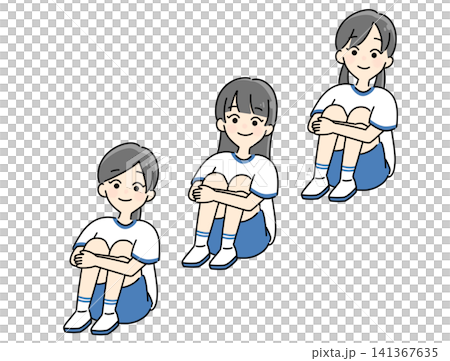 三名小學生女生盤腿而坐,排成一排。 三名小學生女生盤腿而坐,排成一排。 141367635