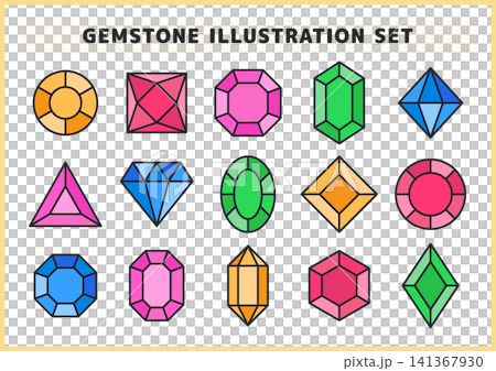 A set of illustrations of gemstones and minerals with black outlines. Colorful natural stone jewelry vector icon material. A set of illustrations of gemstones and minerals with black outlines. Colorful natural stone jewelry vector icon material. 141367930