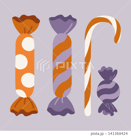 Hand-drawn Halloween candy set with lollipops, sweets, candy cane for trick or treat bucket and seasonal party decor or packaging Hand-drawn Halloween candy set with lollipops, sweets, candy cane for trick or treat bucket and seasonal party decor or packaging 141368424