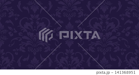 Dark purple damask seamless pattern border. Luxury royal floral vector ornament for wallpaper, textile and wrapping paper. Dark purple damask seamless pattern border. Luxury royal floral vector ornament for wallpaper, textile and wrapping paper. 141368951