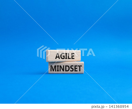 Agile Mindset symbol. Wooden blocks with words Agile Mindset. Beautiful blue background. Business and Agile Mindset concept. Copy space. 141368954