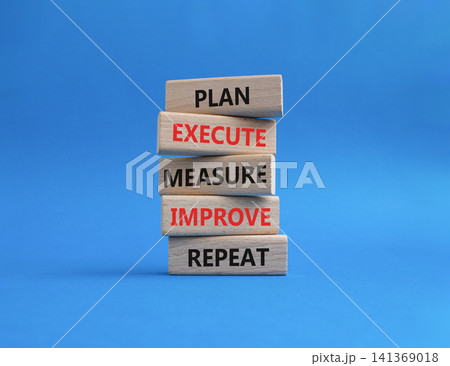 Improvement symbol. Wooden blocks with words Plan execute measure improve repeat. Beautiful blue background. Business and concept. Copy space Improvement symbol. Wooden blocks with words Plan execute measure improve repeat. Beautiful blue background. Business and concept. Copy space 141369018