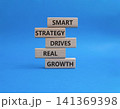 Growth symbol. Wooden blocks with words Smart strategy drives real growth. Beautiful blue background. Business and Growth concept. Copy space 141369398