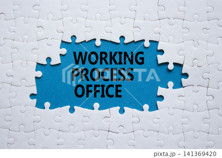 Working Process Office symbol. White puzzle with words Working Process Office. Beautiful blue background. Business concept. Copy space. Working Process Office symbol. White puzzle with words Working Process Office. Beautiful blue background. Business concept. Copy space. 141369420