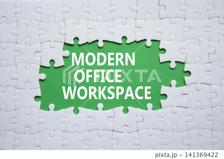 Modern Office Workspace symbol. White puzzle with words Modern Office Workspace. Beautiful green background. Business concept. Copy space. Modern Office Workspace symbol. White puzzle with words Modern Office Workspace. Beautiful green background. Business concept. Copy space. 141369422