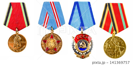 USSR awards: 20 and 30 Years of Victory, 50 Years Armed Forces, Order of Red Banner of Labour. Collection Set Collage Of Russian Soviet Medals For Participation In Second World War On White Isolated USSR awards: 20 and 30 Years of Victory, 50 Years Armed Forces, Order of Red Banner of Labour. Collection Set Collage Of Russian Soviet Medals For Participation In Second World War On White Isolated 141369757