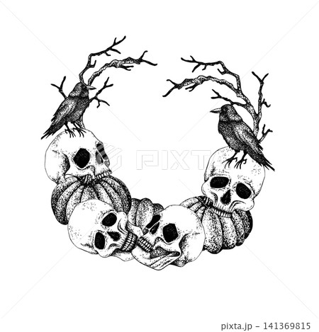 Wreath dry branches, human skulls, Halloween pumpkins and black Raven. Engraving style vector. Detailed gothic frame hand drawn isolated illustration. For Halloween party invitations with copy space Wreath dry branches, human skulls, Halloween pumpkins and black Raven. Engraving style vector. Detailed gothic frame hand drawn isolated illustration. For Halloween party invitations with copy space 141369815