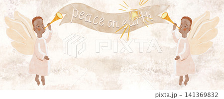 Angels blowing trumpets, holding blank ribbon banner in cloud white tones watercolor. Soft neutral background, airy composition, isolated on white. Ideal for Christmas cards, luxury branding, prints. 141369832