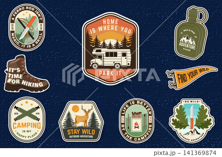 Vintage Camping Badge Set Vector, Retro Camping Sticker Collection, Outdoor Adventure Patch Bundle Vector Illustration Vintage Camping Badge Set Vector, Retro Camping Sticker Collection, Outdoor Adventure Patch Bundle Vector Illustration 141369874