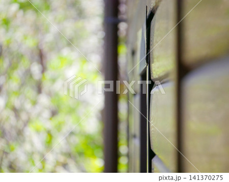 Wooden wall of a house with horizontal cladding planks. Exterior side view of a brown timber structure. Architectural detail of building construction with blurred natural garden background. Wooden wall of a house with horizontal cladding planks. Exterior side view of a brown timber structure. Architectural detail of building construction with blurred natural garden background. 141370275