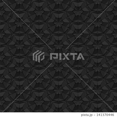 Black polygonal seamless pattern with triangles. Dark repeating geometric texture with extruded surface effect. 3D illustration for background wallpaper interior textile wrapping paper print design. Black polygonal seamless pattern with triangles. Dark repeating geometric texture with extruded surface effect. 3D illustration for background wallpaper interior textile wrapping paper print design. 141370446