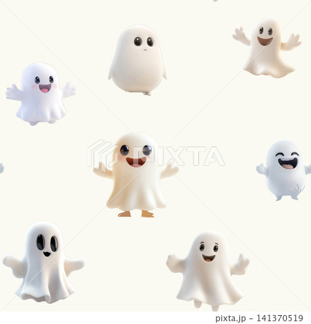 Cute white cartoon ghosts seamless pattern on background. 141370519
