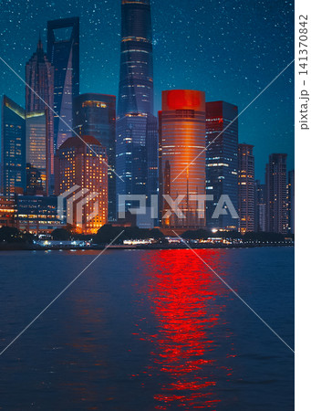 Lujiazui skyline with Aurora Plaza reflecting in the Huangpu River. 141370842