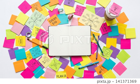 Open notebook surrounded by colorful adhesive sticky notes with notebook stationery colorful organizer reminder business planning creative supplies education adhesive background workspace Open notebook surrounded by colorful adhesive sticky notes with notebook stationery colorful organizer reminder business planning creative supplies education adhesive background workspace 141371369