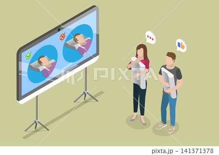 3D Isometric Flat Vector Illustration of Memory Foam Pillow, Man And Woman Happily Pick Orthopedic Pillows For Healthy, Comfortable Sleep. 3D Isometric Flat Vector Illustration of Memory Foam Pillow, Man And Woman Happily Pick Orthopedic Pillows For Healthy, Comfortable Sleep. 141371378