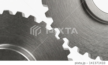 Two meshing metal gears isolated on white background with mechanical industry engineering interlocked connected technology industrial precision mechanism cogwheel movement rotation Two meshing metal gears isolated on white background with mechanical industry engineering interlocked connected technology industrial precision mechanism cogwheel movement rotation 141371410