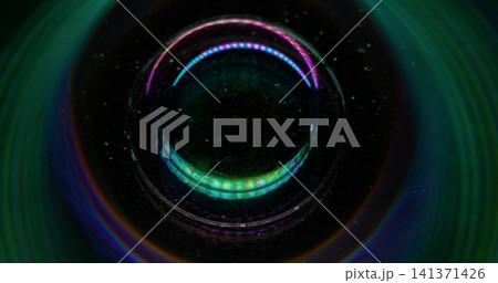 Holographic sphere. Round portal. Fantasy circle lens reflection light flare. Bubble prism mix swirl flow glow defocused background. Holographic sphere. Round portal. Fantasy circle lens reflection light flare. Bubble prism mix swirl flow glow defocused background. 141371426