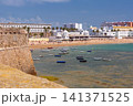 La Caleta Beach and fishing boats viewed from fortress walls in Cadiz, Andalusia, Spain 141371525