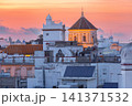 Historic rooftops and church architecture in Cadiz, Andalusia, Spain at sunset 141371532